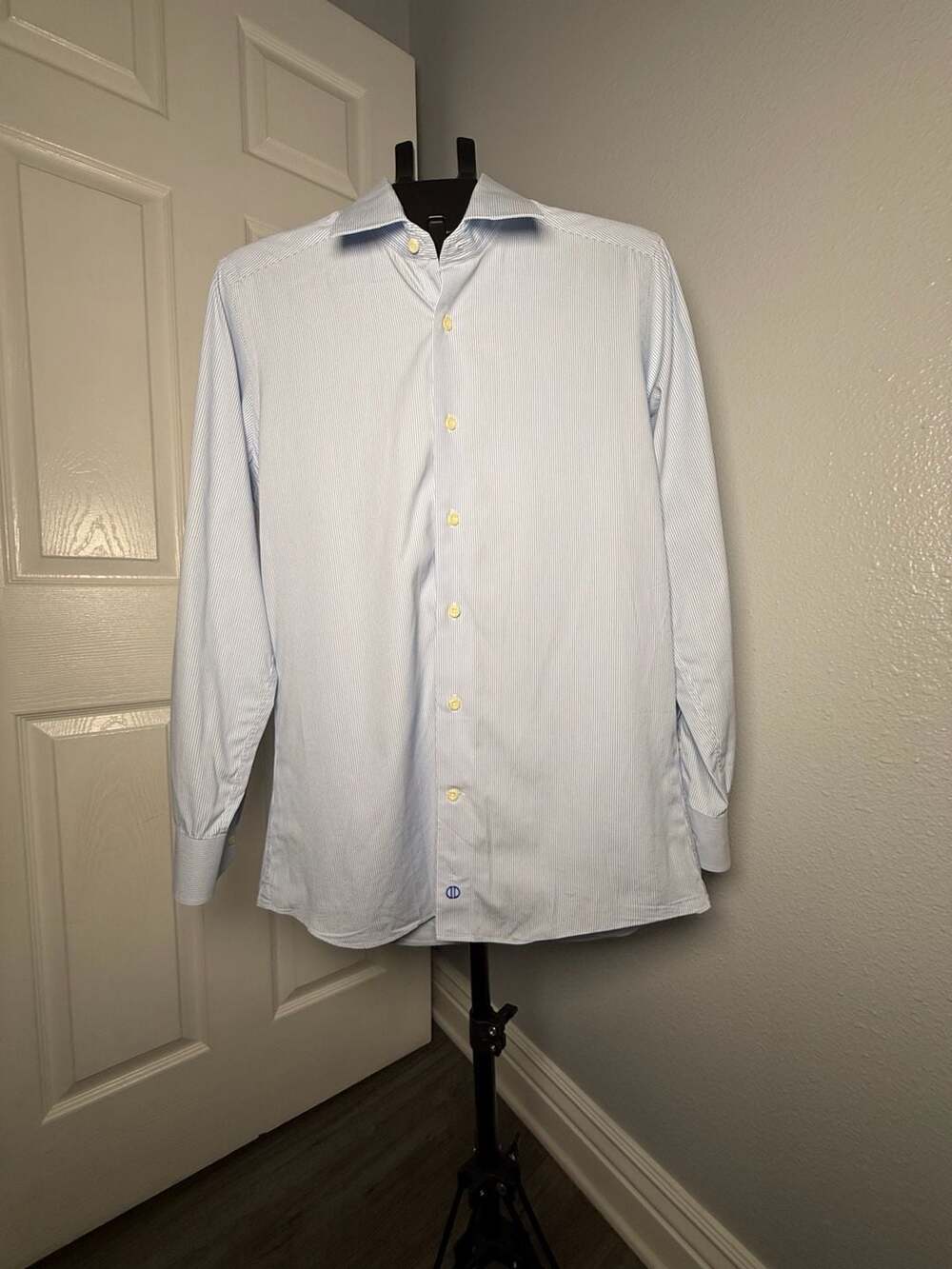 David Donahue Dress Shirt Blue White Striped Cotton Long Sleeve Trim